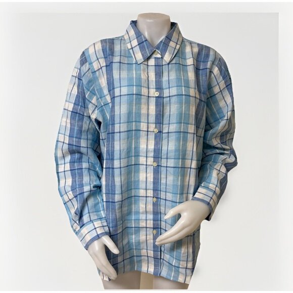 Cherokee Tops - Cherokee Top Womens Size 18W Blue Teal Plaid 100% Linen Button Up Shirt